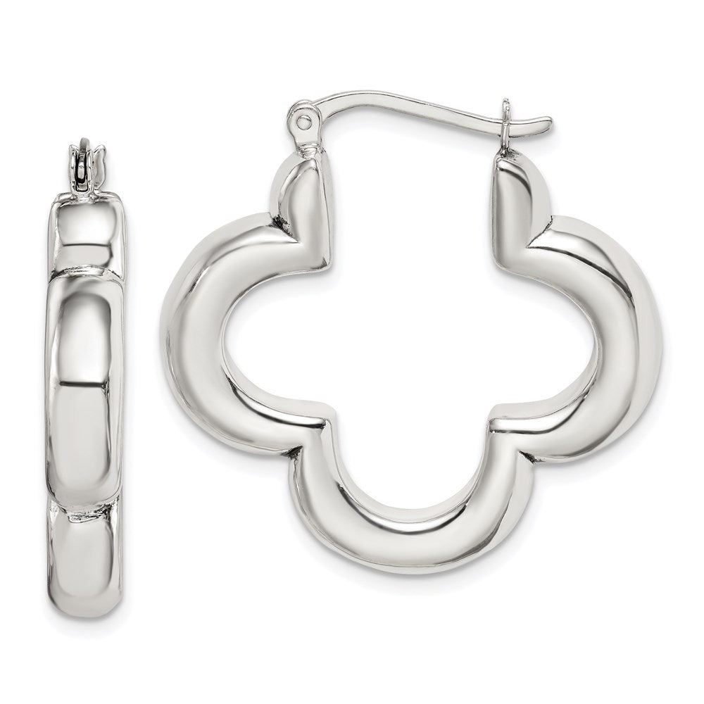 QE14146 Sterling Silver Polished Clover Hoop Earrings