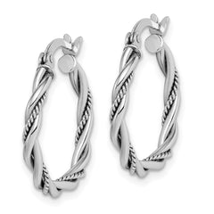 QE14162 Sterling Silver Rhodium-plated Antiqued 2x20mm Twisted Hoop Earrings