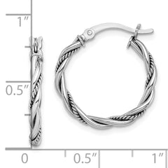 QE14162 Sterling Silver Rhodium-plated Antiqued 2x20mm Twisted Hoop Earrings