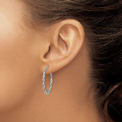 QE14163 Sterling Silver Rhodium-plated Antiqued 2x30mm Twisted Hoop Earrings