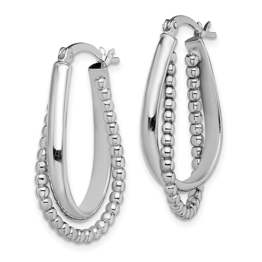QE14174 Sterling Silver Rhodium-plated Twisted and Beaded Hoop Earrings