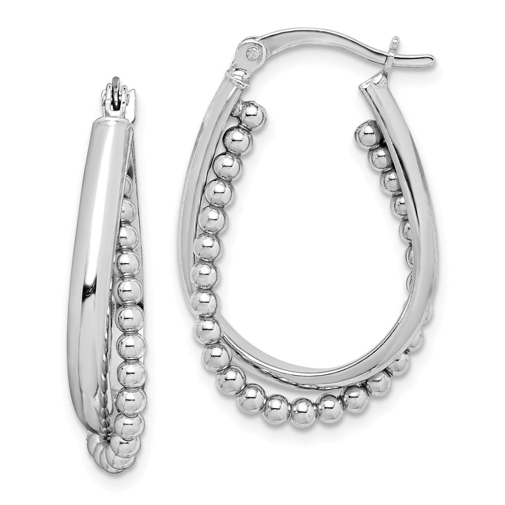 QE14174 Sterling Silver Rhodium-plated Twisted and Beaded Hoop Earrings