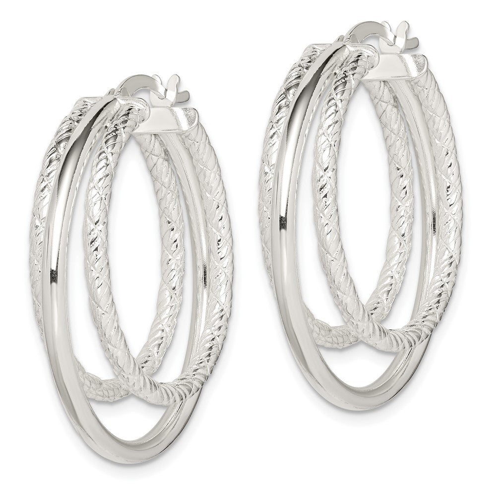 QE14177 Sterling Silver Textured and Polished Triple Hoop Earrings