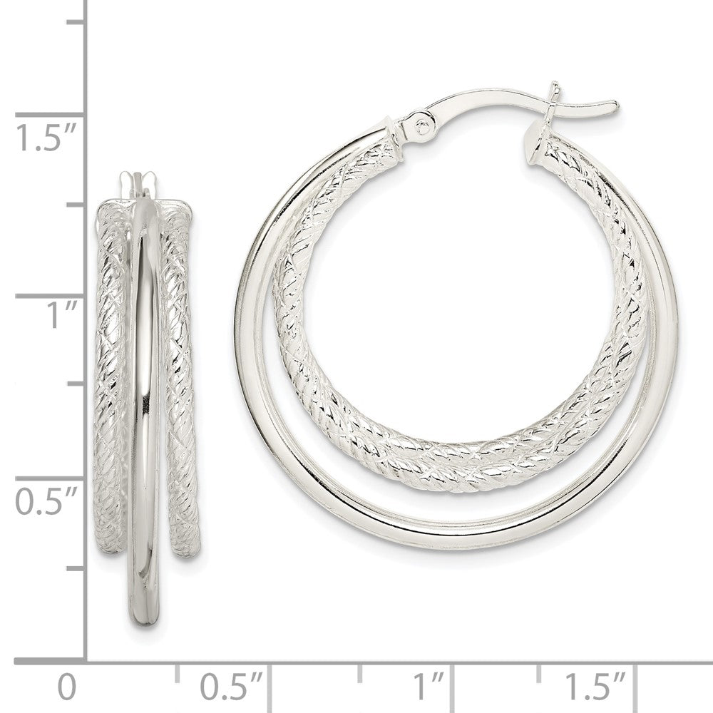QE14177 Sterling Silver Textured and Polished Triple Hoop Earrings
