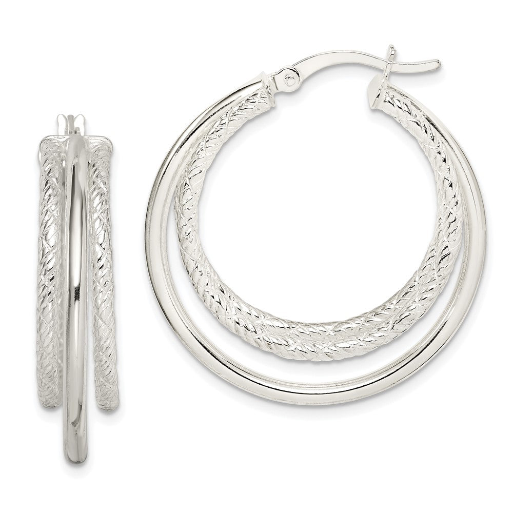 QE14177 Sterling Silver Textured and Polished Triple Hoop Earrings