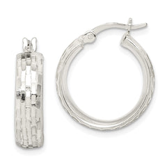 QE14179 Sterling Silver Polished & Textured 5mm Round Hoop Earrings