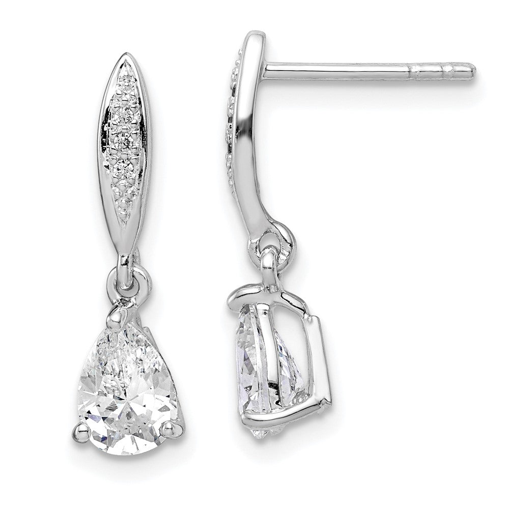 QE14219 Sterling Silver Rhodium-plated Polished Pear CZ Post Dangle Earrings