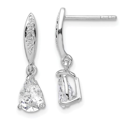 QE14219 Sterling Silver Rhodium-plated Polished Pear CZ Post Dangle Earrings