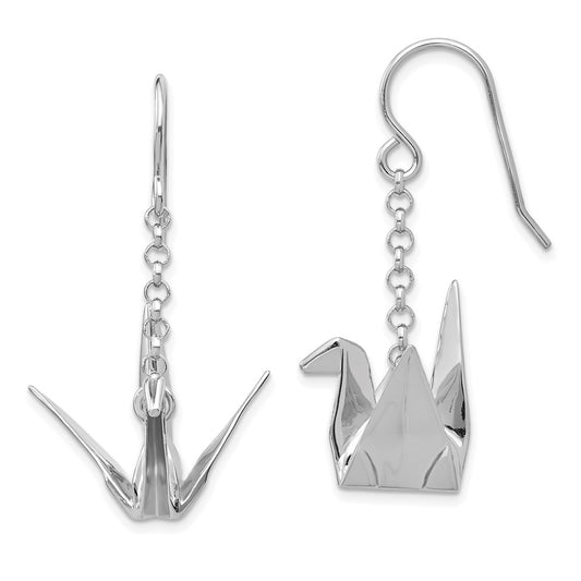 QE14222 Sterling Silver Rhodium-plated Origami Crane Dangle Earrings