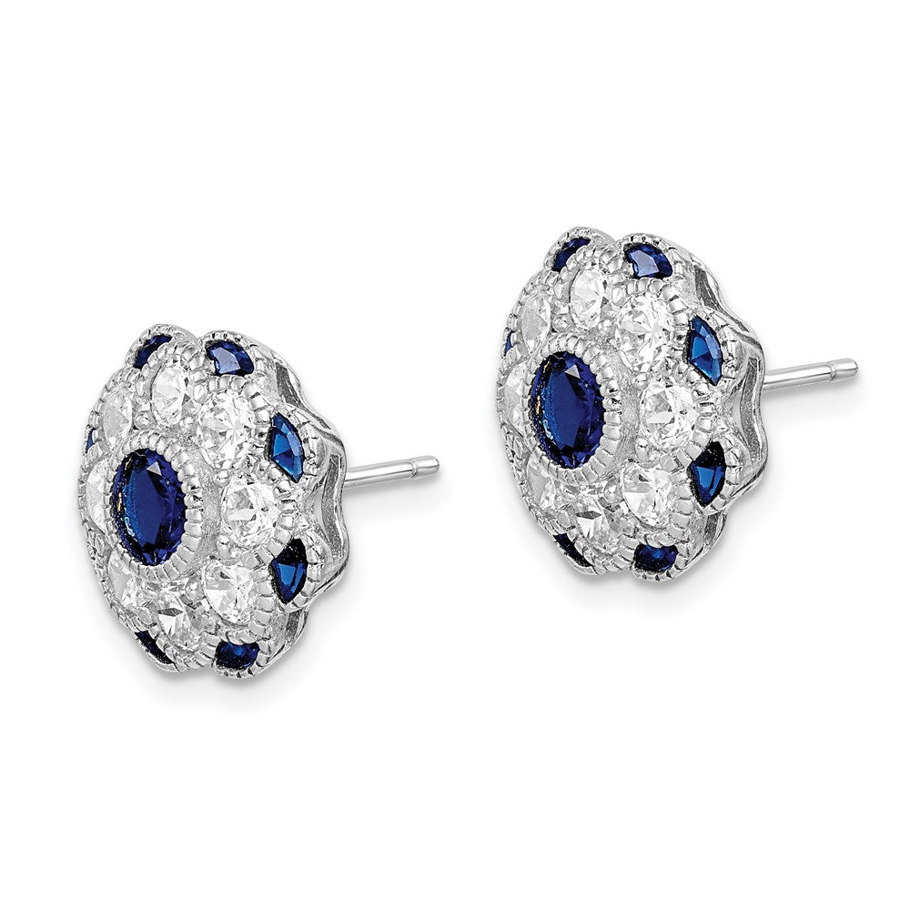 QE14230 Sterling Silver RH Plated CZ and Synthetic Blue Spinel Flower Post Earrings