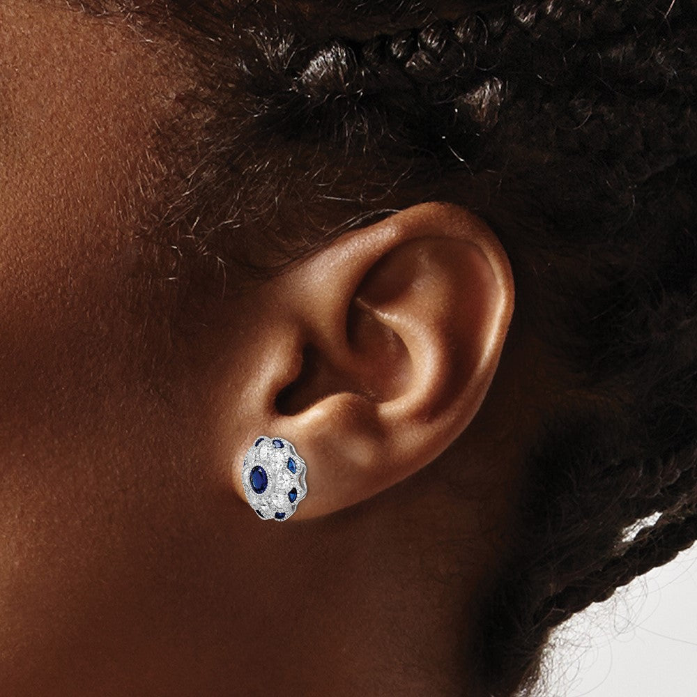 QE14230 Sterling Silver RH Plated CZ and Synthetic Blue Spinel Flower Post Earrings