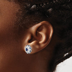 QE14230 Sterling Silver RH Plated CZ and Synthetic Blue Spinel Flower Post Earrings