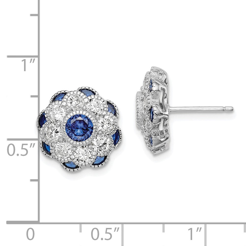 QE14230 Sterling Silver RH Plated CZ and Synthetic Blue Spinel Flower Post Earrings