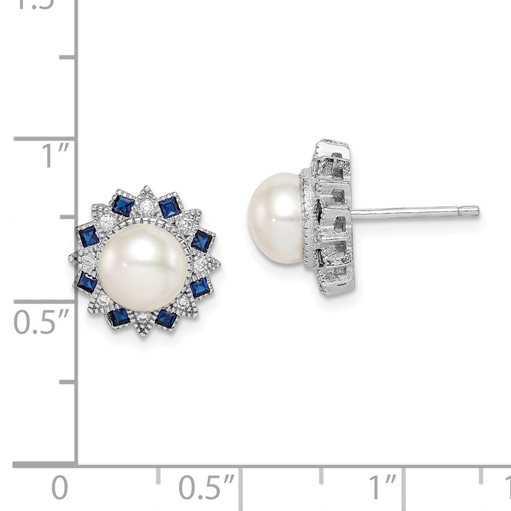 QE14231 Sterling Silver RH-plated FWC Pearl/Syn. Blue Spinel/CZ Earrings