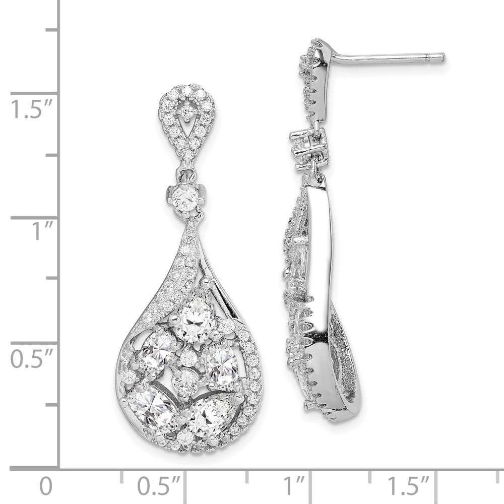 QE14244 Sterling Silver RH-plated Polished Fancy CZ Teardrop Post Dangle Earrings