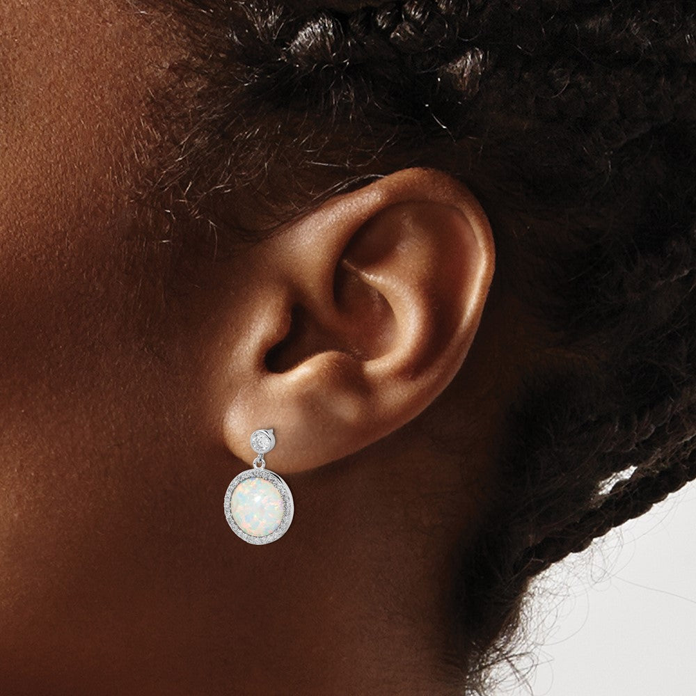 QE14257 Sterling Silver Rhodium-plated Lab Created Opal and CZ Dangle Earrings