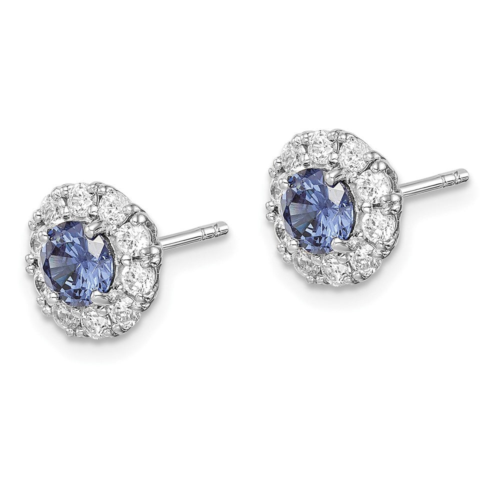 QE14262 Sterling Silver Rhodium-plated Blue and White CZ Halo Post Earrings