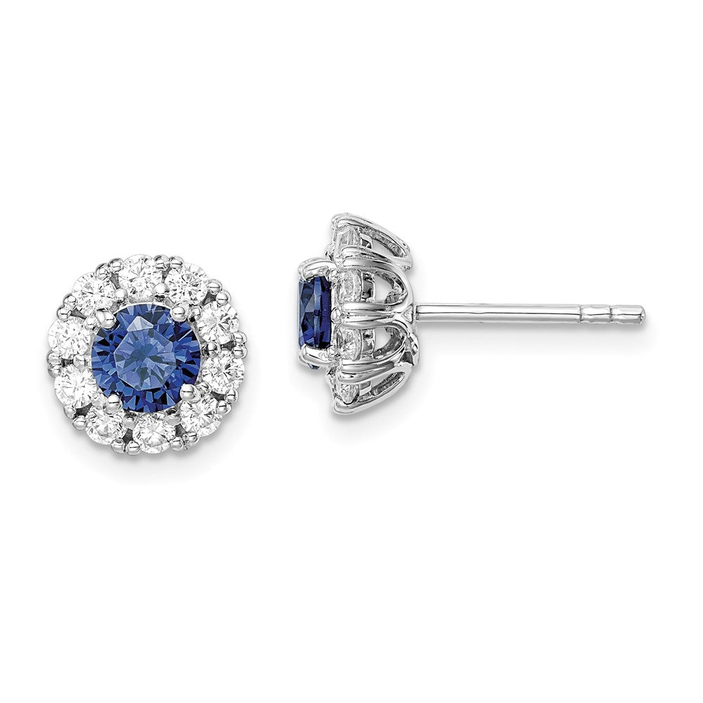 QE14262 Sterling Silver Rhodium-plated Blue and White CZ Halo Post Earrings