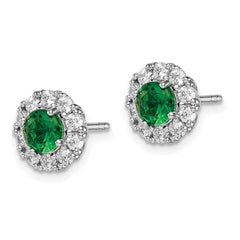 QE14263 Sterling Silver Rhodium-plated Green and White CZ Halo Post Earrings