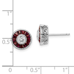 QE14267 Sterling Silver Rhodium-plated CZ /Created Ruby Halo Post Earrings