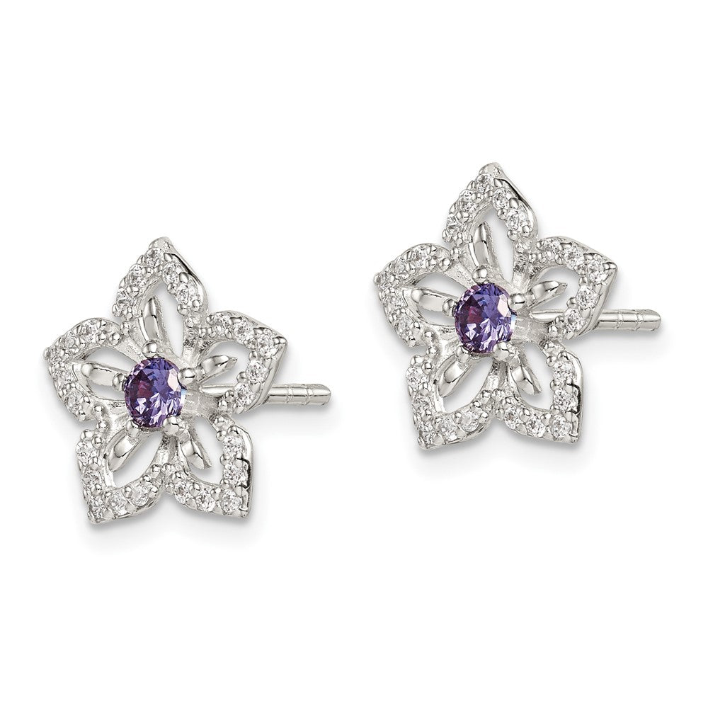 QE14268 Sterling Silver Purple and Clear CZ Flower Post Earrings
