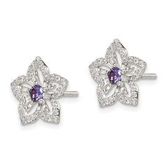 QE14268 Sterling Silver Purple and Clear CZ Flower Post Earrings