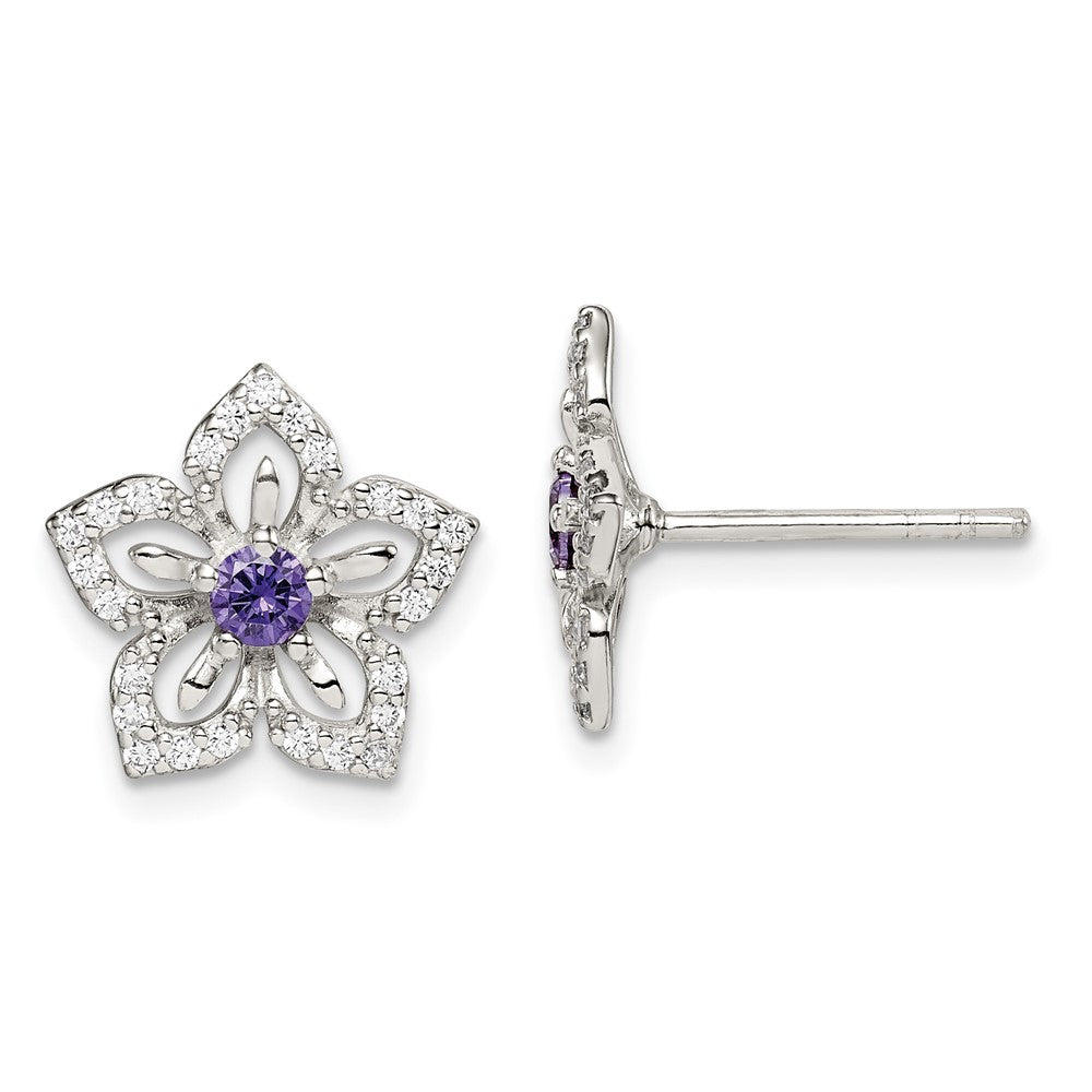 QE14268 Sterling Silver Purple and Clear CZ Flower Post Earrings