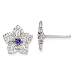 QE14268 Sterling Silver Purple and Clear CZ Flower Post Earrings