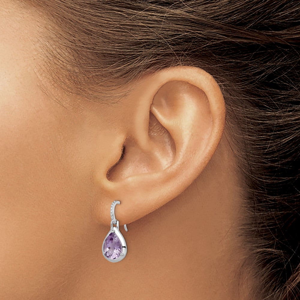 QE14269 Sterling Silver Rhodium-plated Amethyst Teardrop Dangle Earrings