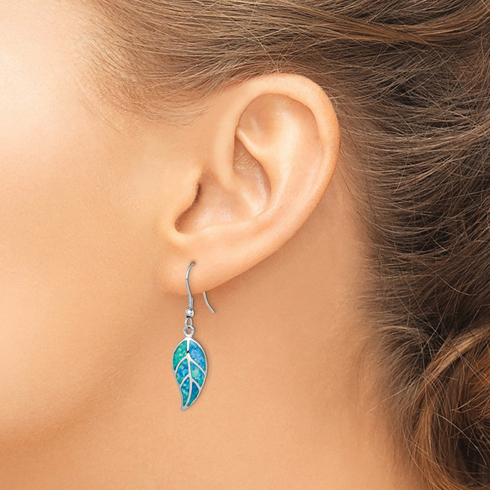 QE14290 Sterling Silver Rhodium-plated Created Blue Opal Leaf Dangle Earrings