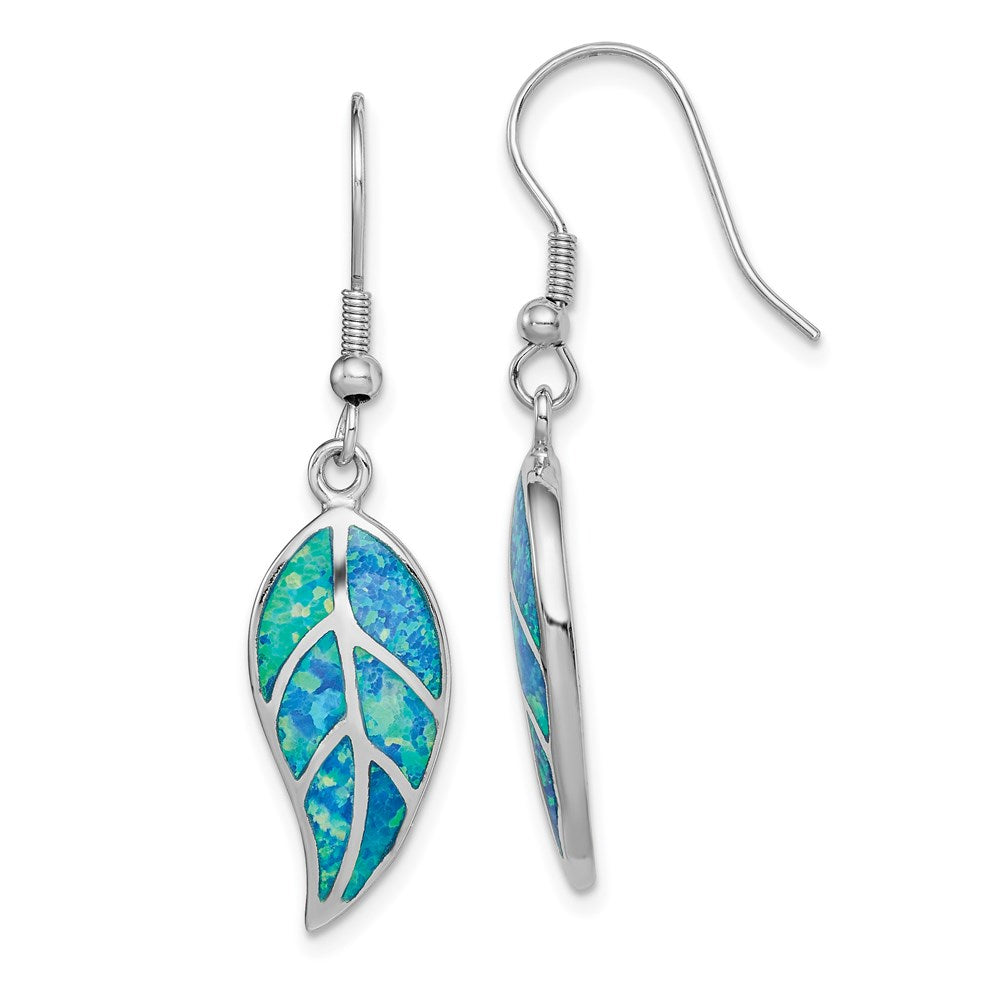 QE14290 Sterling Silver Rhodium-plated Created Blue Opal Leaf Dangle Earrings