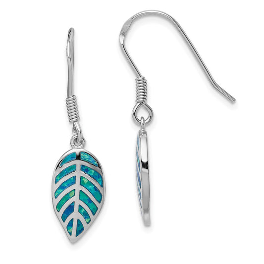 QE14291 Sterling Silver Rhod-plated Creat Blue Opal Inlay Leaf Dangle Earrings