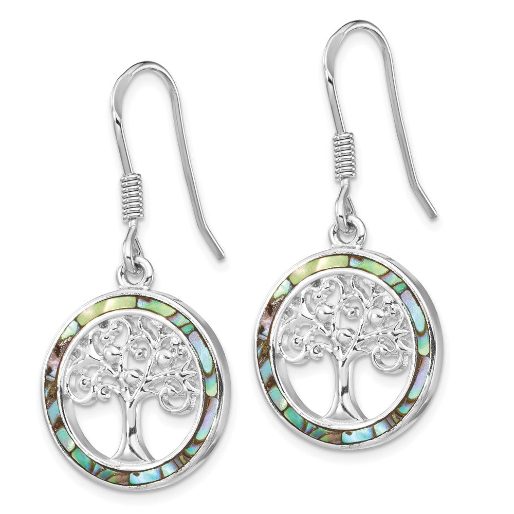 QE14293 Sterling Silver Rhodium-plated Abalone Circle w/ Tree Dangle Earrings