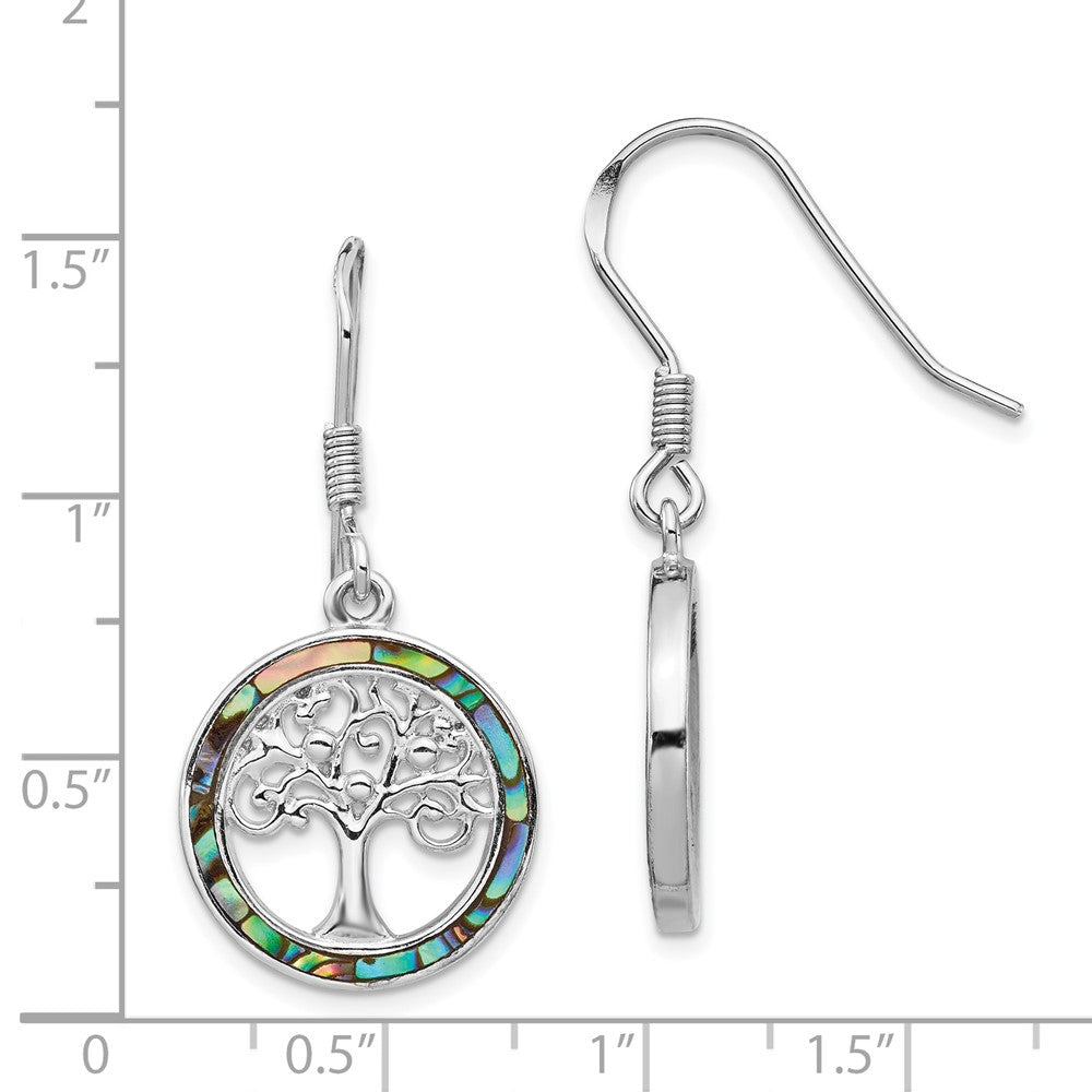 QE14293 Sterling Silver Rhodium-plated Abalone Circle w/ Tree Dangle Earrings