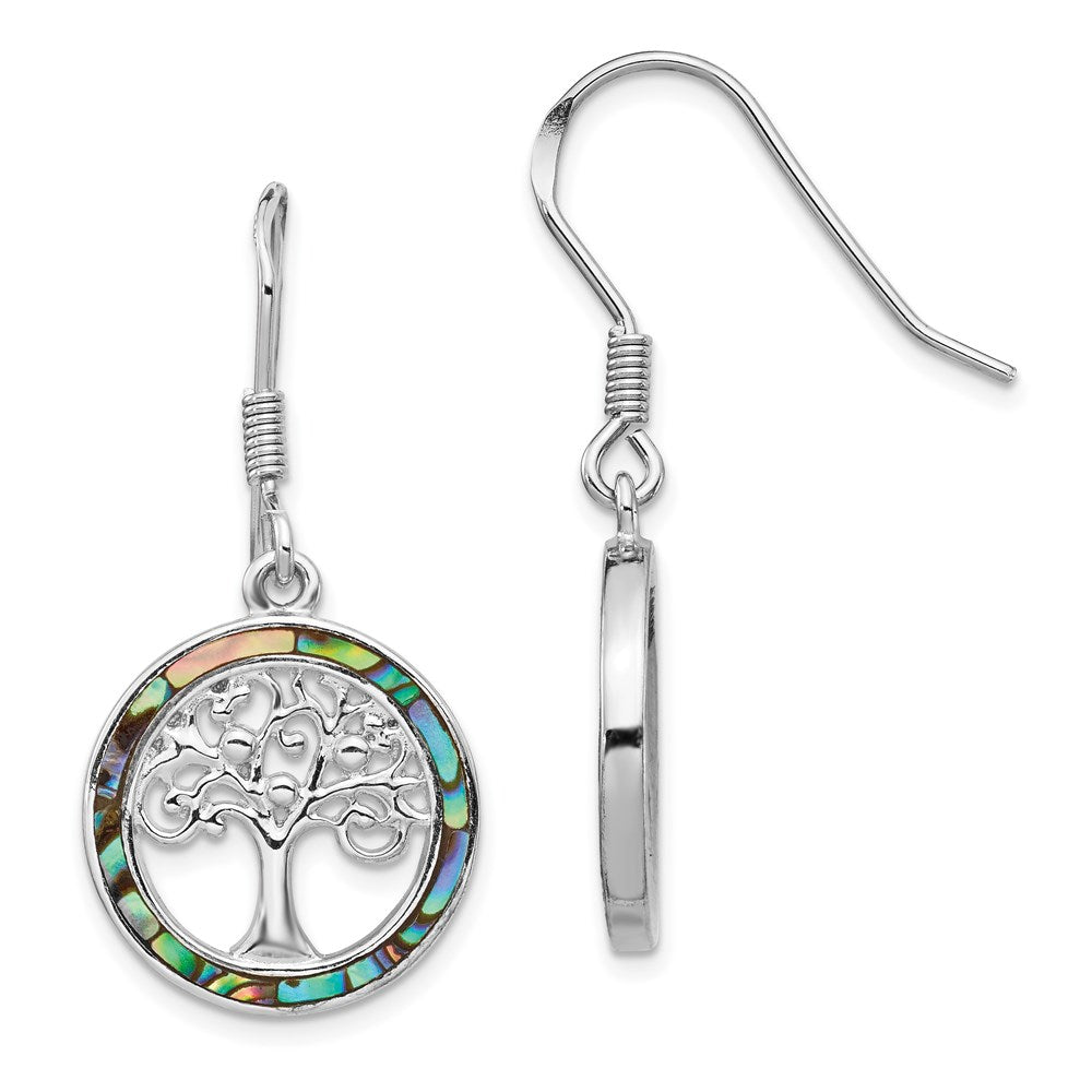 QE14293 Sterling Silver Rhodium-plated Abalone Circle w/ Tree Dangle Earrings