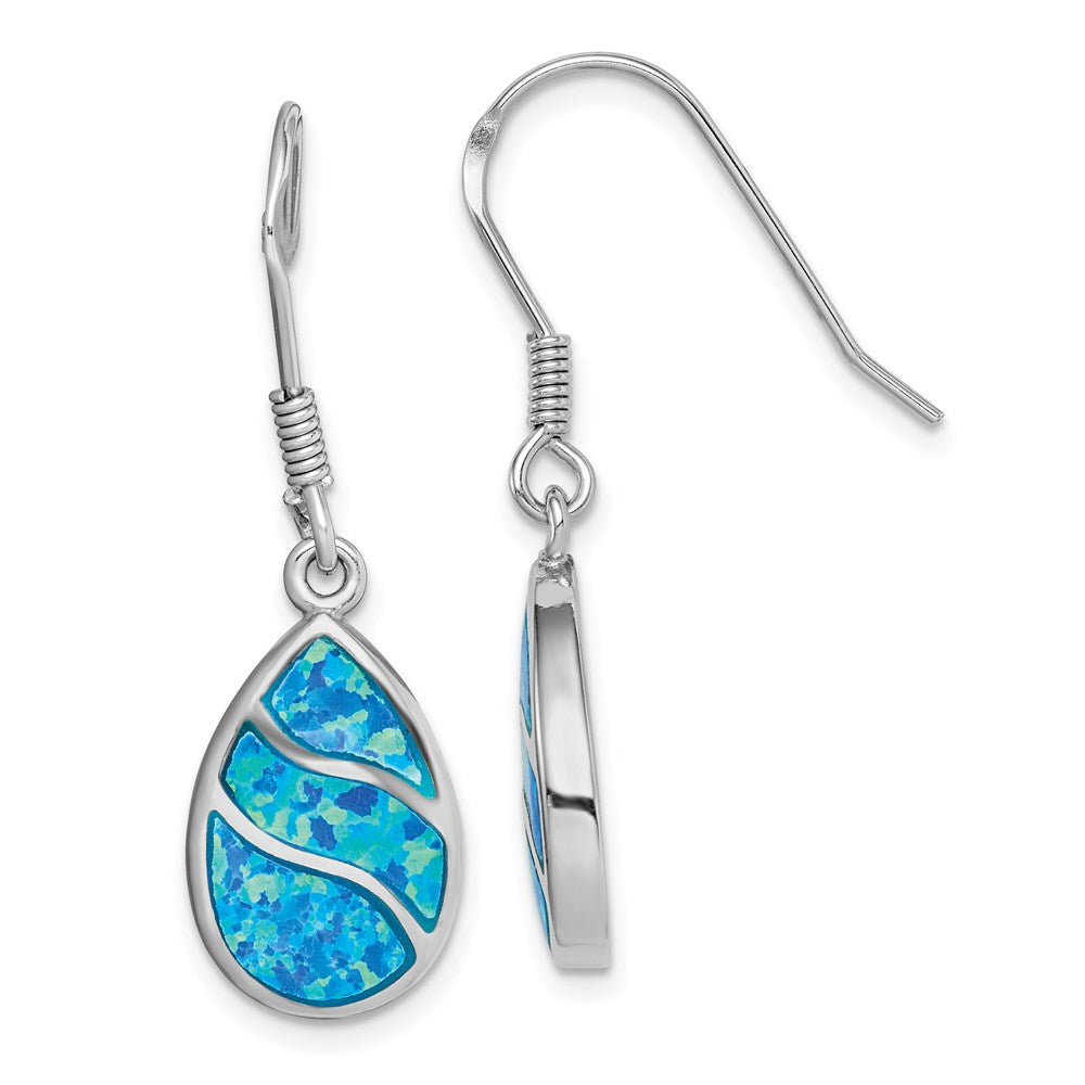 QE14294 Sterling Silver Rhodium-plated Created Opal Inlay Teardrop Dangle Earrings