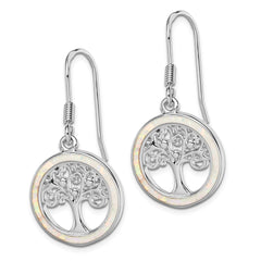 QE14295 Sterling Silver Rhod-plated Creat Opal Circle w/ Tree Dangle Earrings