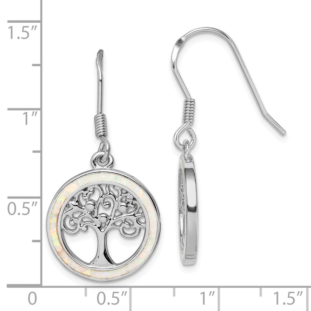 QE14295 Sterling Silver Rhod-plated Creat Opal Circle w/ Tree Dangle Earrings
