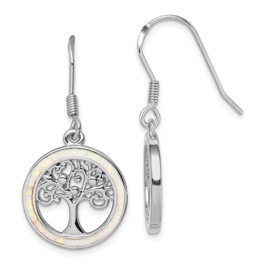 QE14295 Sterling Silver Rhod-plated Creat Opal Circle w/ Tree Dangle Earrings