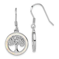 QE14295 Sterling Silver Rhod-plated Creat Opal Circle w/ Tree Dangle Earrings