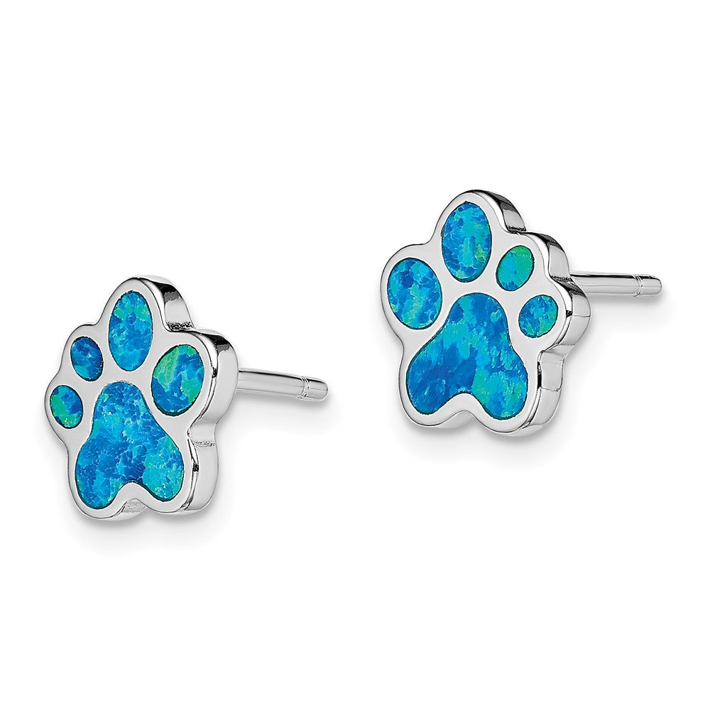 QE14297 Sterling Silver Rhod-plated Creat Blue Opal Paw Print Post Earrings