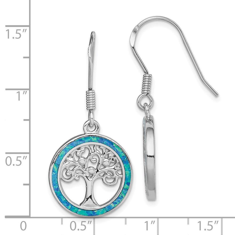 QE14298 Sterling Silver Rhodium-plated Creat Blue Opal w/ Tree Dangle Earrings