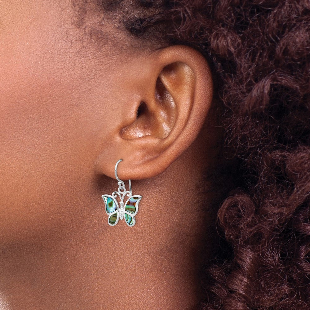 QE14301 Sterling Silver Rhodium-plated Abalone Butterfly Dangle Earrings
