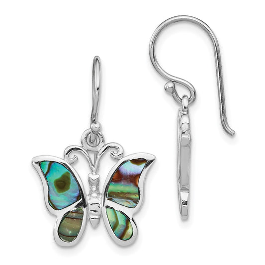 QE14301 Sterling Silver Rhodium-plated Abalone Butterfly Dangle Earrings
