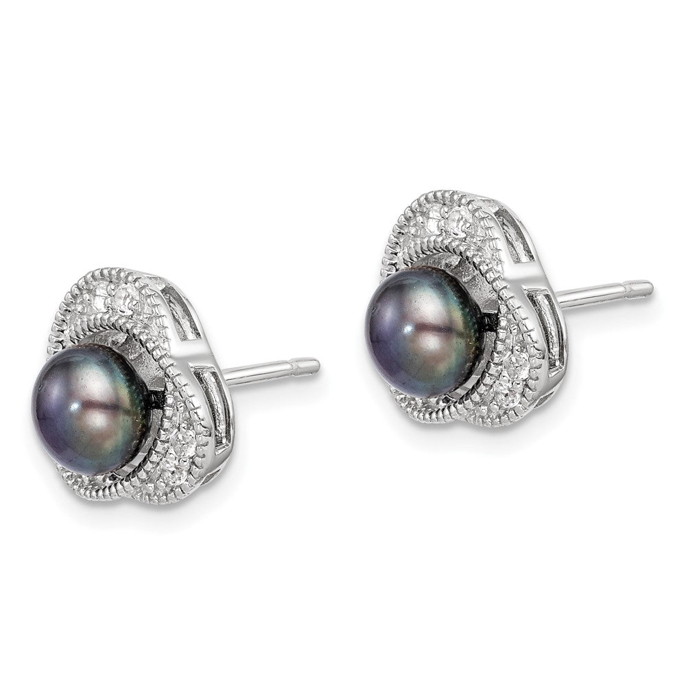 QE14311 Sterling Silver Polished Black 6-7mm Freshwater Cultured Pearl and White Topaz Post Earrings