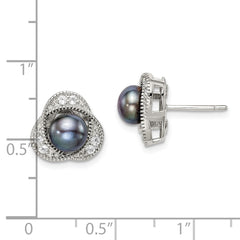 QE14311 Sterling Silver Polished Black 6-7mm Freshwater Cultured Pearl and White Topaz Post Earrings