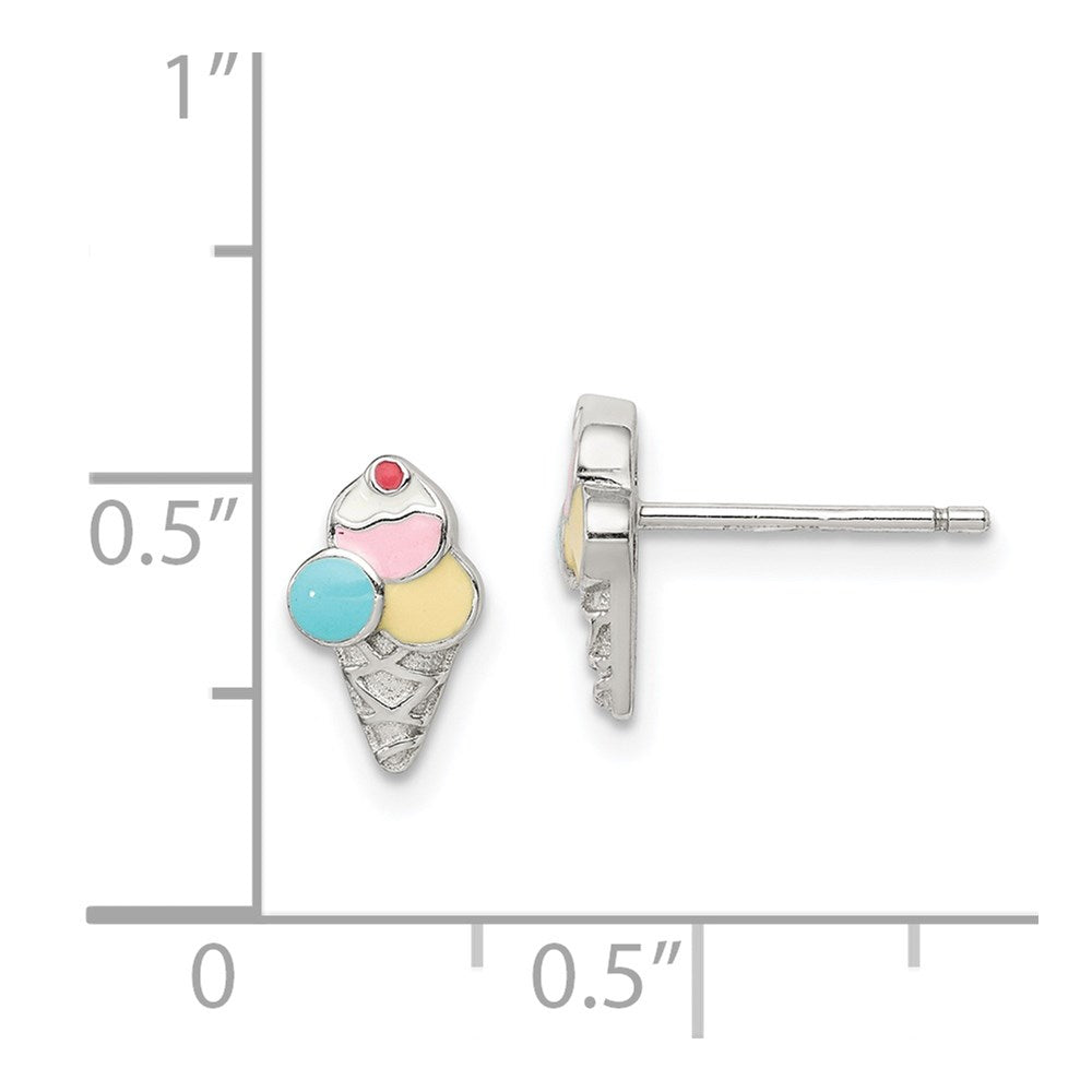 QE14330 Sterling Silver Rhodium-plated Polished & Textured Multi-color Enameled Ice Cream Cone Children's Post Earrings