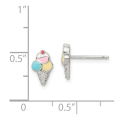 QE14330 Sterling Silver Rhodium-plated Polished & Textured Multi-color Enameled Ice Cream Cone Children's Post Earrings