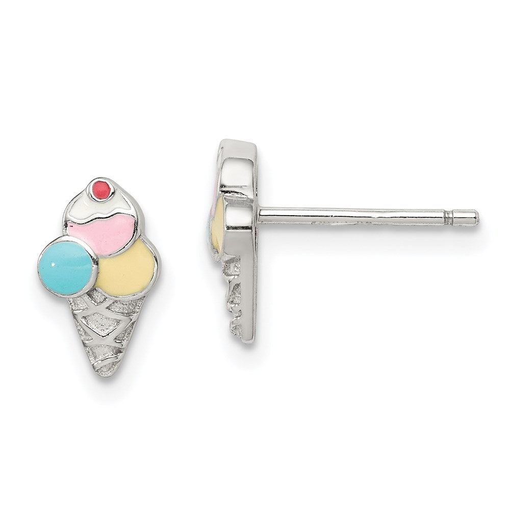 QE14330 Sterling Silver Rhodium-plated Polished & Textured Multi-color Enameled Ice Cream Cone Children's Post Earrings