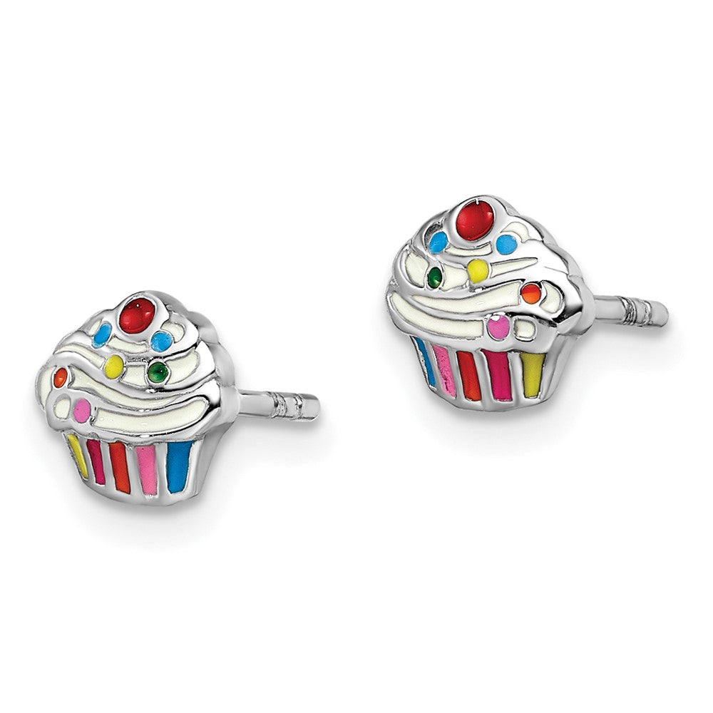 QE14333 Sterling Silver Rhodium-plated Polished & Multi-color Enameled Cupcake Children's Post Earrings